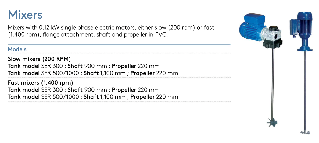 Blue industrial mixer with electric motor and pvc shaft and propeller.