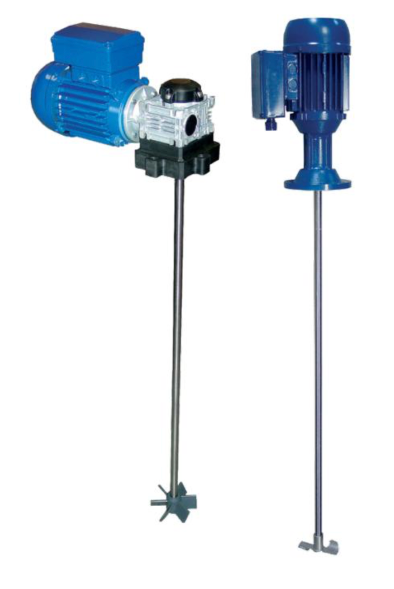 Blue industrial mixer with a long metal shaft and star-shaped impeller at the bottom.