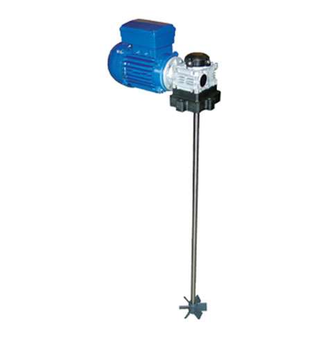 Blue industrial motor-driven mixing paddle with a long metallic shaft and star-shaped impeller at the end.