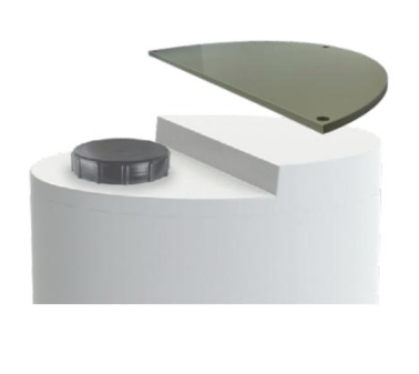 White cylindrical water heater with a black circular cap and a semi-circular gray glass panel on top.