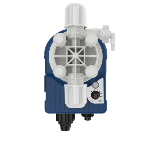 Blue and white plastic diaphragm pump with a control dial.