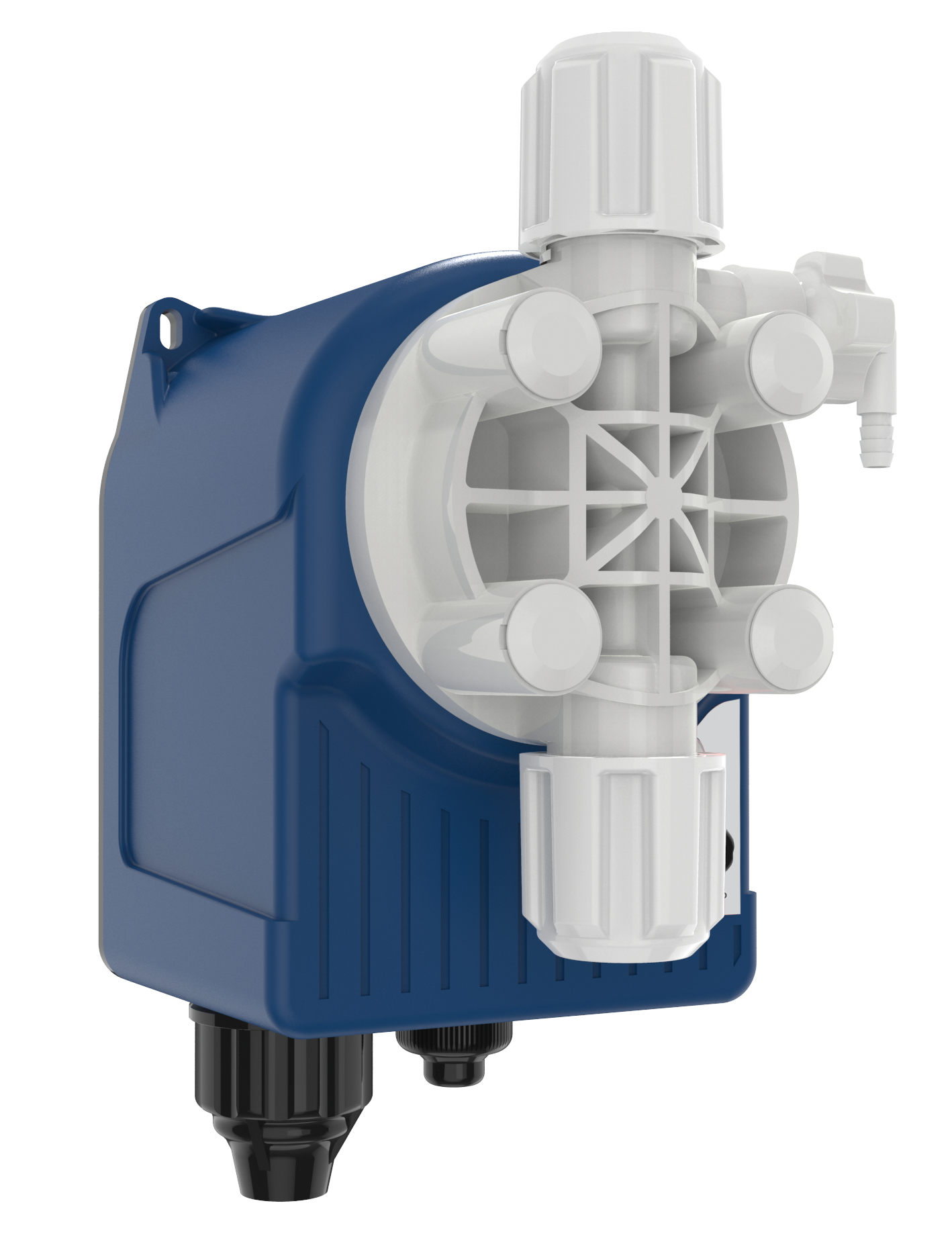 Blue and white plastic diaphragm pump with black fittings.