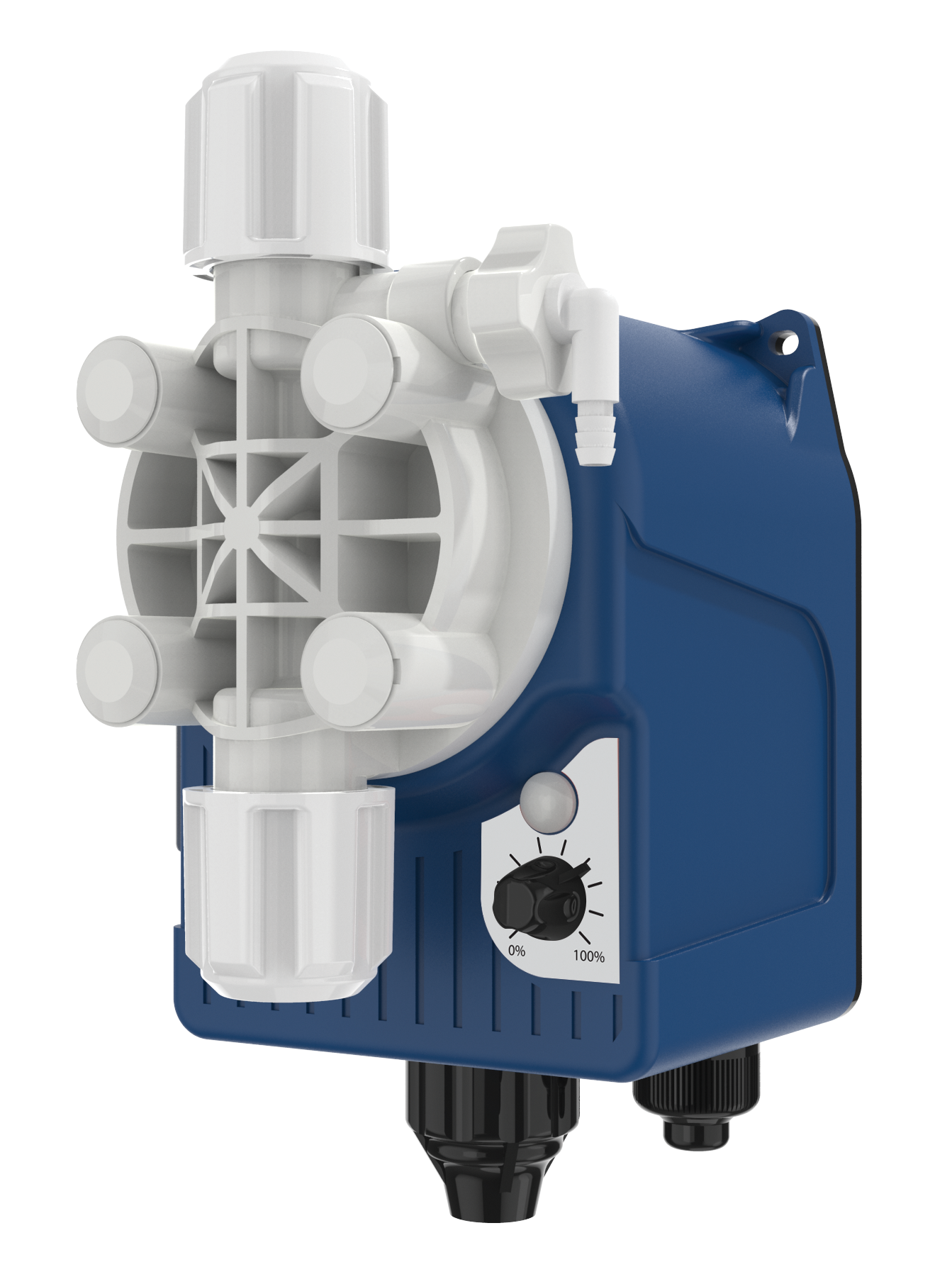 Blue and white plastic diaphragm pump with a black adjustment knob.