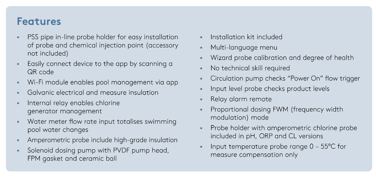 The image displays a feature list for an advanced pool management system, highlighting its wi-fi connectivity and smart calibration capabilities.
