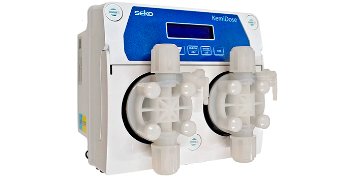 White and blue seko kemidose chemical dosing pump with two transparent fluid delivery units.