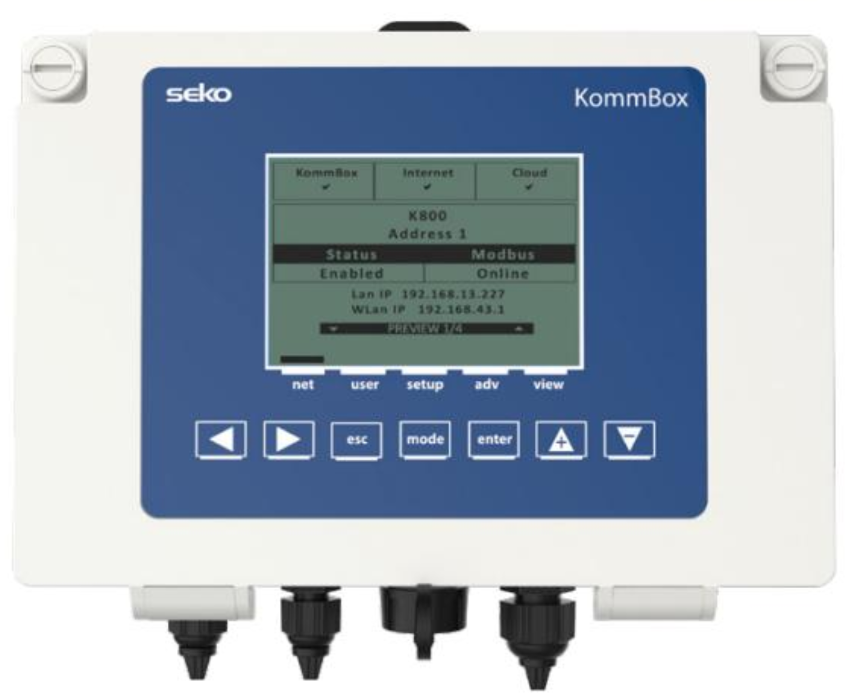 White seko kommbox k800 industrial control panel with a blue touchscreen display showing network status and ip addresses.