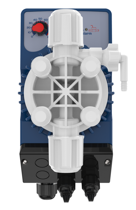 Blue and white plastic diaphragm pump with a red dial, black mounting base, and multiple ports for fluid flow.