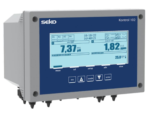 Seko kontrol 102 ph and conductivity meter with a gray casing, blue display screen showing readings of 7.37 ph and 1.82 ppm, featuring buttons for measurement, calibration, setup, advanced functions,