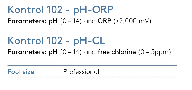 Kontrol 102 ph-orp and ph-cl test kits for professional pool maintenance, displaying measurement parameters for acidity, oxidation-reduction potential, and free chlorine levels.