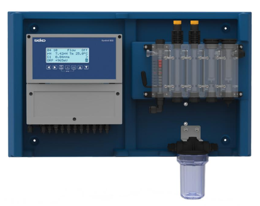 Blue seko control 802 analytical instrument with digital display and transparent fluid handling modules.