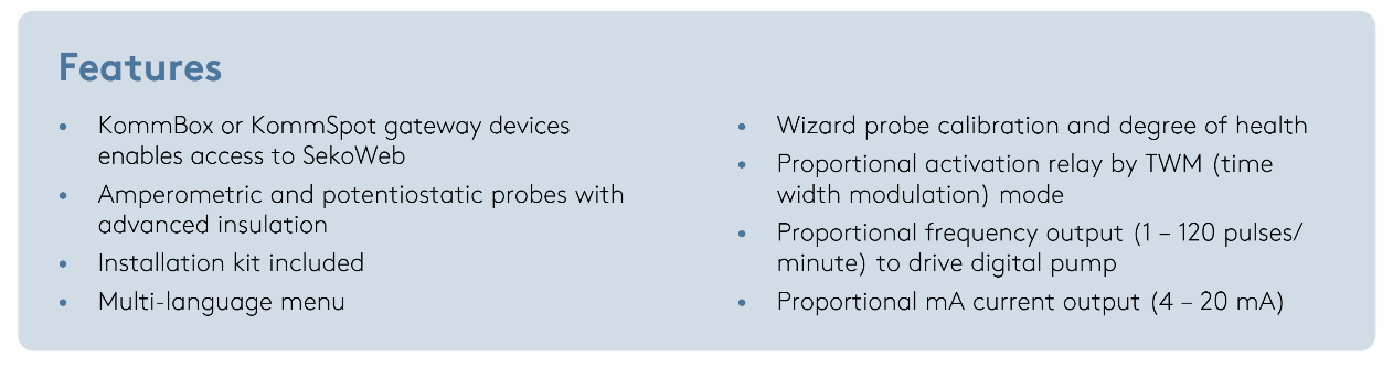 The image displays a light blue informational panel with black text listing technical features of electronic devices.