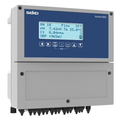 Seko kontrol 800 industrial control panel with a blue display showing ph, temperature, and orp readings.