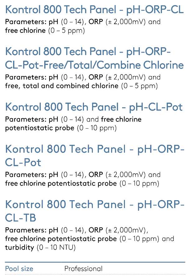 Kontrol 800 tech panel with ph-orp-cl sensor for professional pool monitoring.