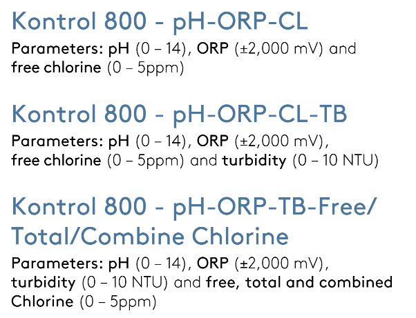 Kontrol 800 ph-orp-cl water quality test kit with digital display for measuring ph, orp, and free chlorine levels.