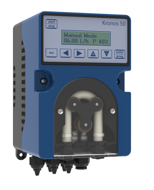 Blue kronos 50 peristaltic pump with digital display and transparent front panel revealing internal tubing.