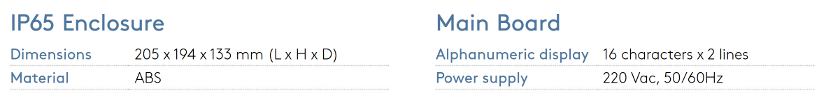 Abs plastic ip65 enclosure with a main board featuring an alphanumeric display and 220 vac power supply.