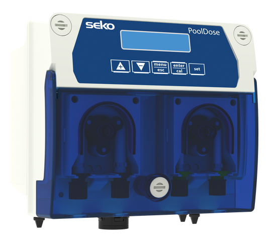 Blue and white seko pooldose automatic pool chemical dosing system with two transparent chambers.