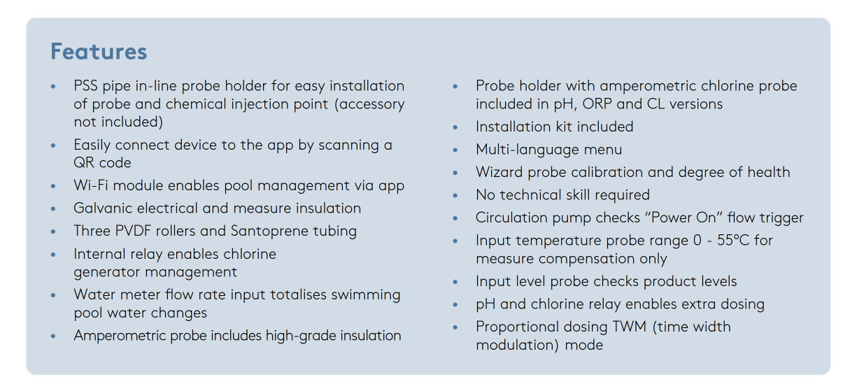 The image displays a list of features for an electronic pool maintenance device, highlighting its wi-fi connectivity and various probe options.