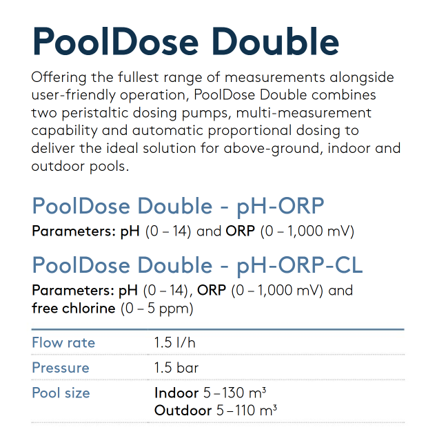 Pooldose double ph-orp-cl pool chemical dosing system with multi-parameter measurement capabilities for precise water treatment.