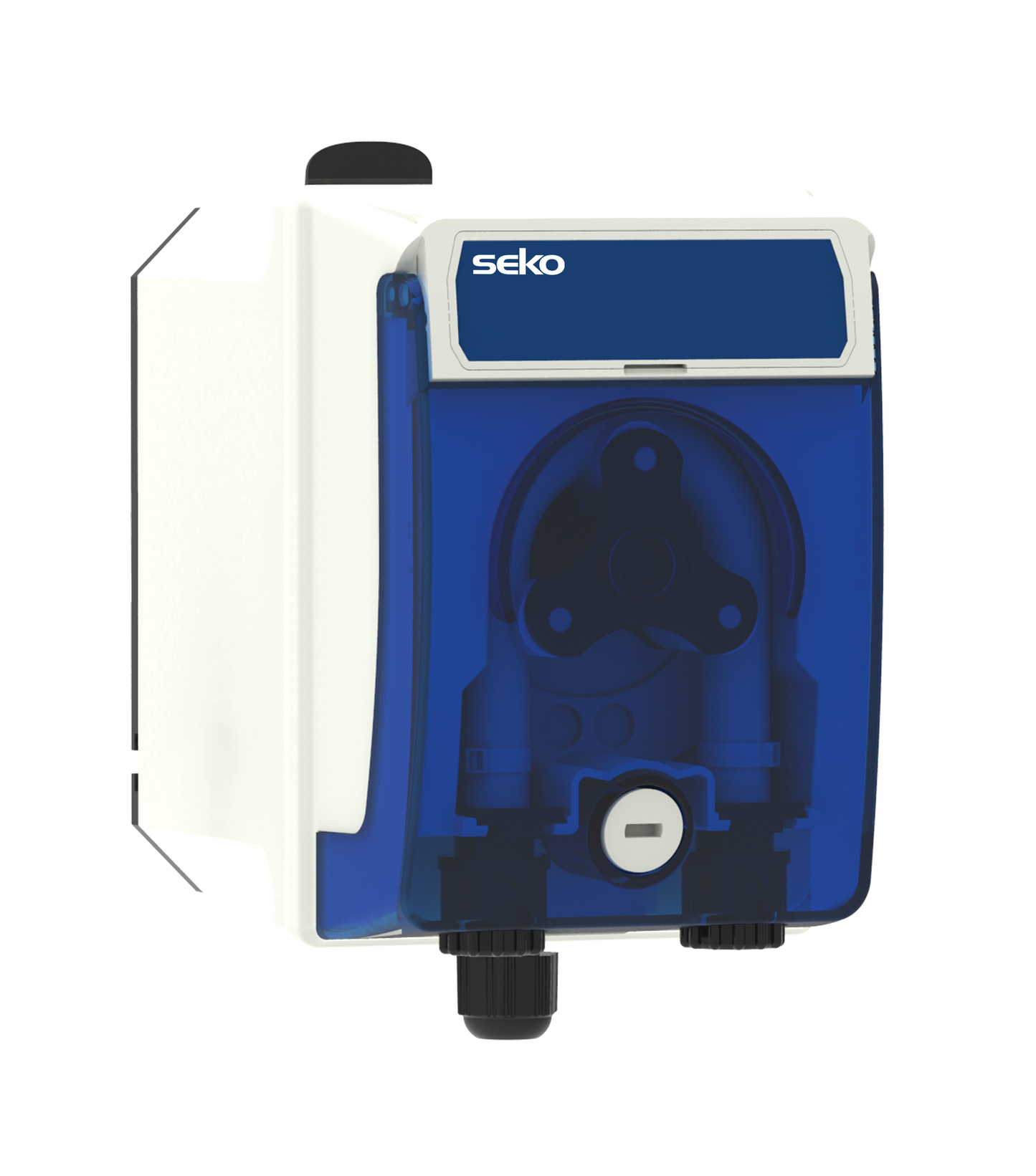 Blue and white seko peristaltic pump with transparent blue housing.