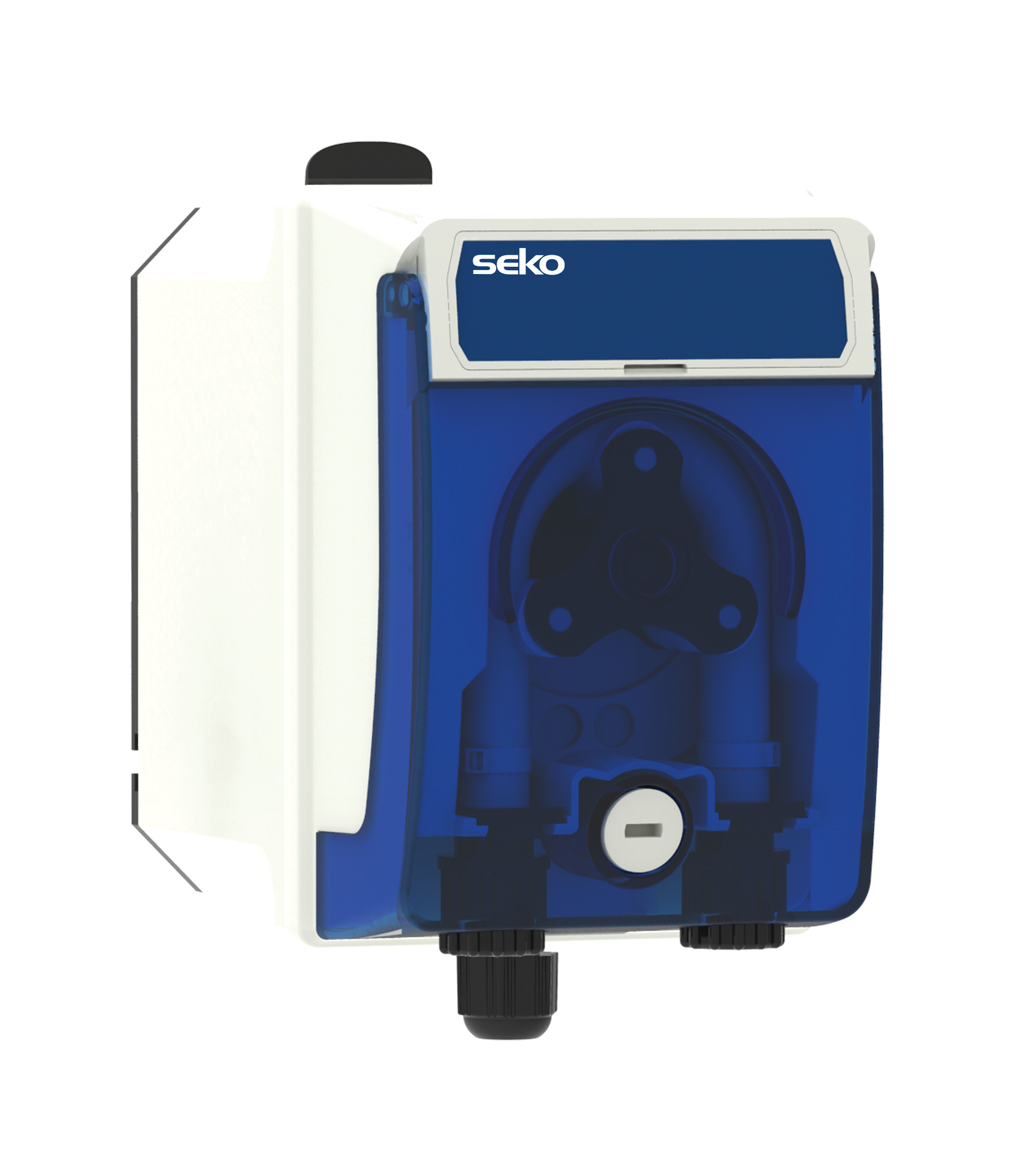 Blue and white seko peristaltic pump with transparent blue housing.