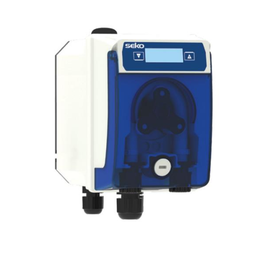 Blue and white seko peristaltic pump with digital display.