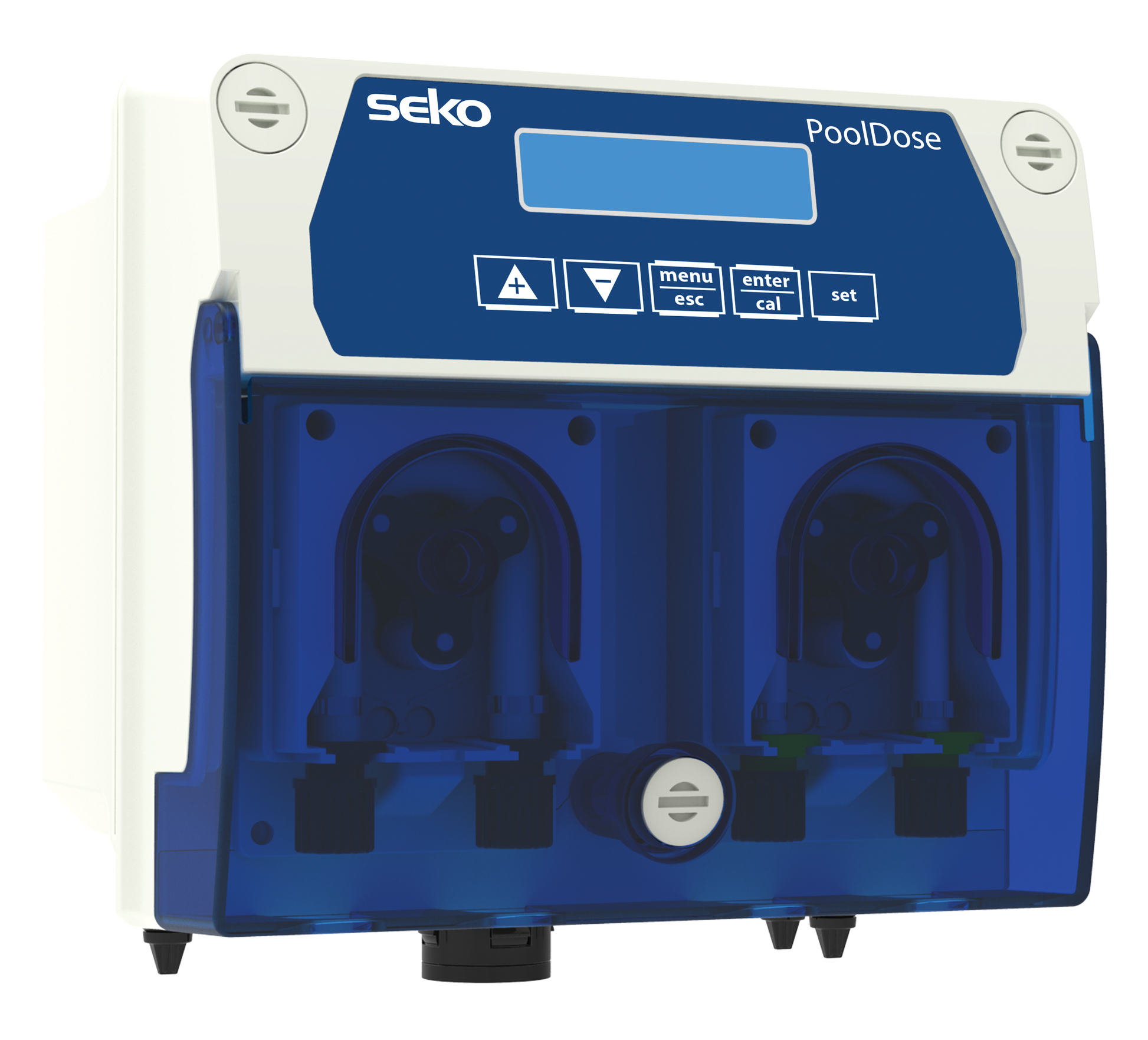 Blue and white seko pooldose automatic pool chemical dosing system with two transparent chambers.