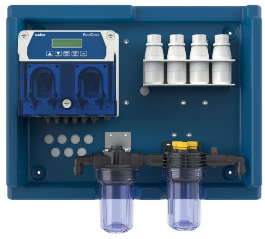 Blue plastic pool water treatment system with digital control panel and four white chemical bottles mounted above two transparent filter housings