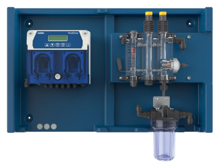 Blue selle pooldose automated pool chemical dosing system with transparent tubing and filtration components