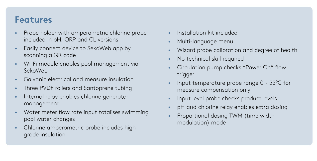 The image displays a list of features for the sekoweb pool management system, highlighting its capabilities such as ph and chlorine measurement with an amperometric probe holder.