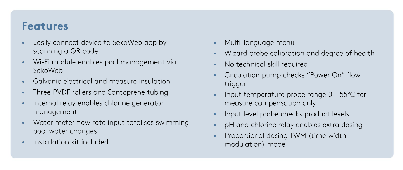 Sekoweb smart pool management system with wi-fi module and multi-language menu.