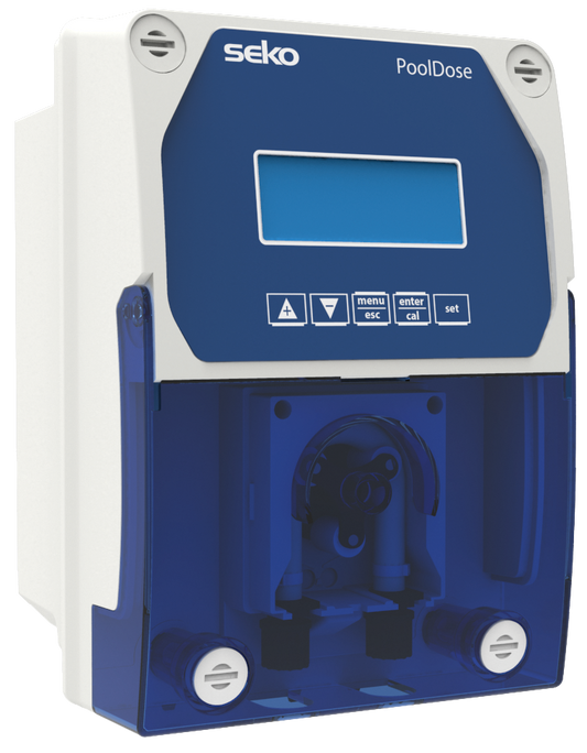 Seko pooldose pool chemical dosing controller with a blue digital display and white control buttons.
