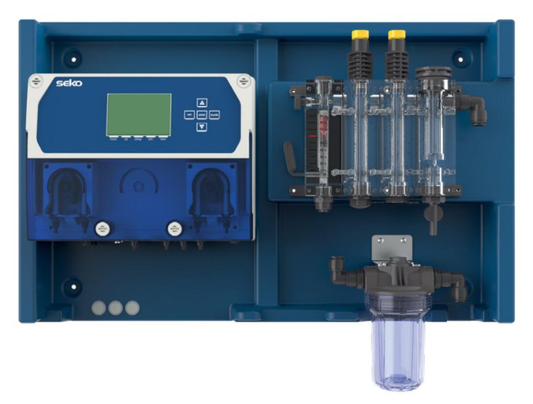 Blue seko laboratory flow system with transparent tubing and a purple filter housing.