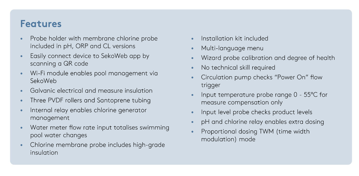 Sekoweb-compatible pool water testing and dosing system with membrane probes, wi-fi connectivity, and galvanic electrical insulation.