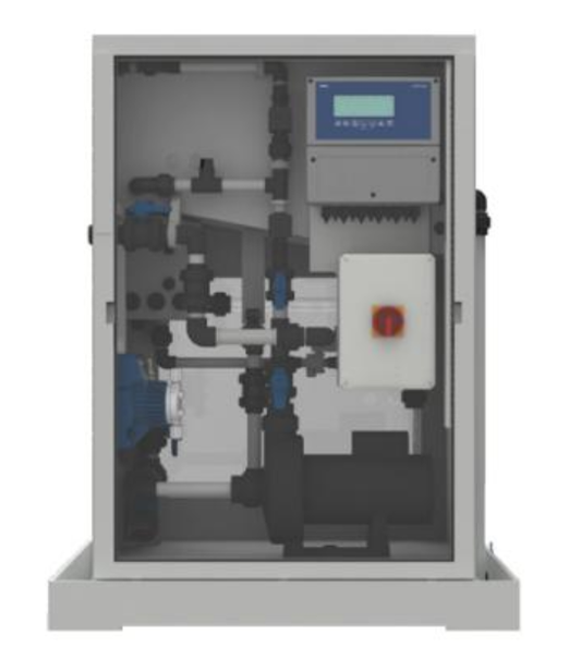 Gray industrial water treatment unit with blue digital display and red emergency stop button.