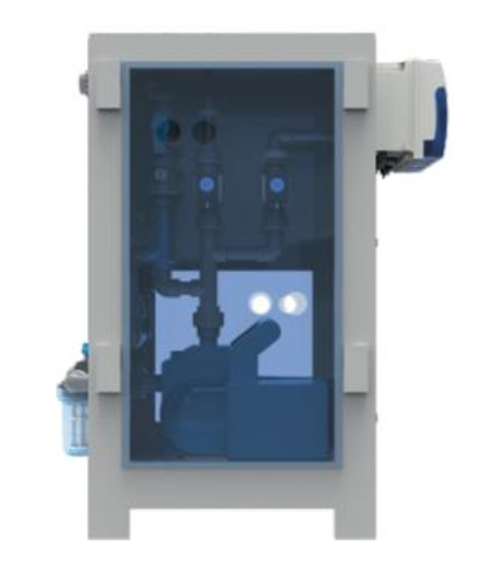Gray industrial water treatment unit with transparent blue panel revealing internal piping and illuminated controls.