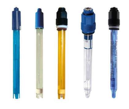 Five laboratory ph electrodes with colored transparent bodies and threaded caps, including blue, clear, yellow, and black variants.