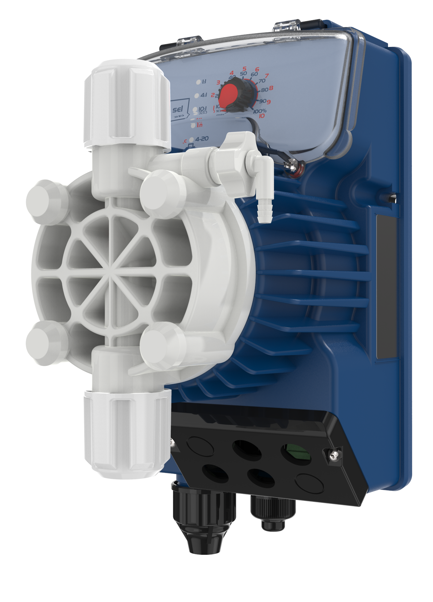 Blue and white industrial peristaltic pump with a red dial, black mounting bracket, and plastic components.