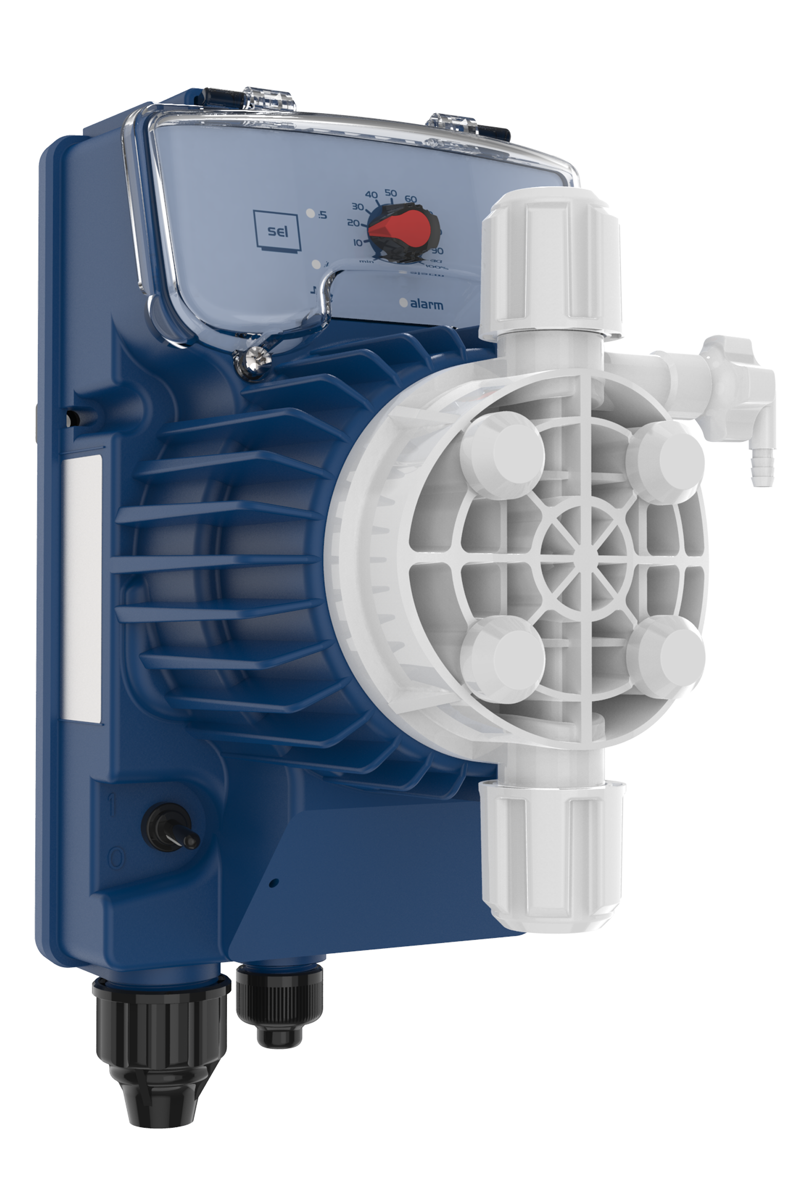 Blue and white industrial pump with a red dial, featuring molded plastic components and labeled control panel.