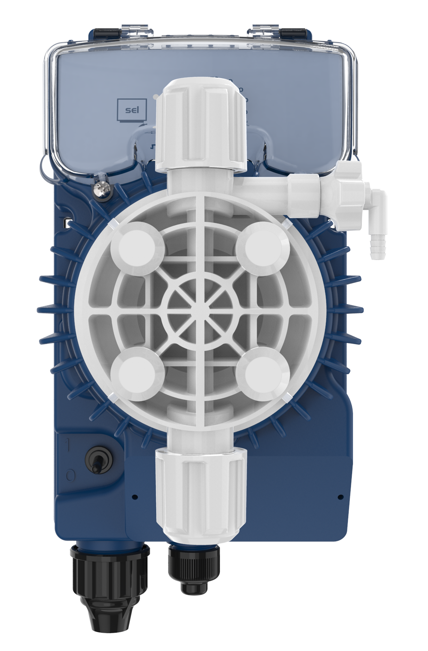 Blue and white plastic dosing pump with a circular gridded front panel, black fittings at the base, and a clear top cover.