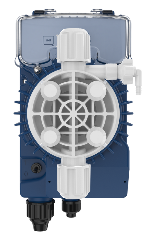 Blue and white plastic dosing pump with a circular gridded front panel, black fittings at the base, and a clear top cover.