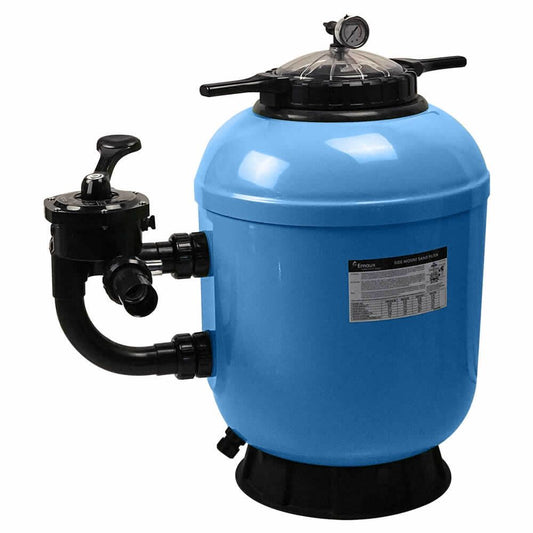 Blue cylindrical sand filter with black fittings and a pressure gauge on top.