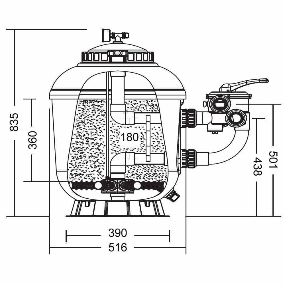 White line drawing of a swimming pool filter system with dimensions and internal components labeled