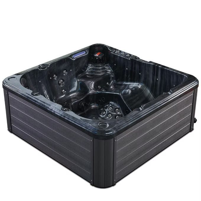 Black hot tub with a sleek, modern design featuring integrated jets and a control panel on the side.