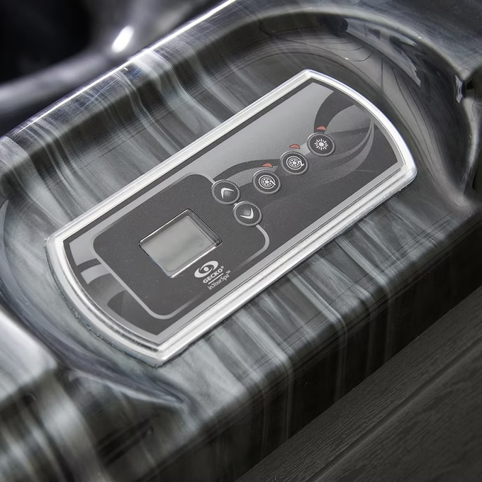 Silver-framed control panel with black display and buttons, featuring the ’ecospa’ brand logo.