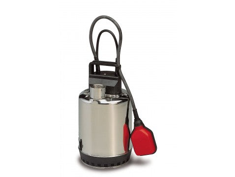 Stainless steel submersible pump with a black handle, red float switch, and attached power cord.