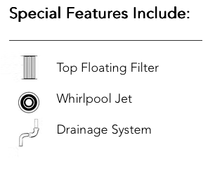 This image displays a list of special features for an aquatic filtration system, including a top floating filter, whirlpool jet, and drainage system.