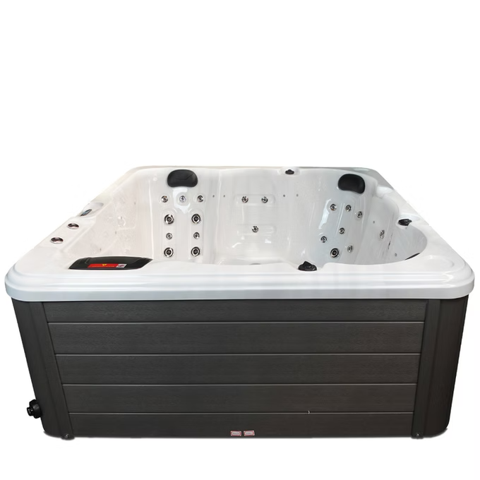 White and dark gray hot tub with multiple jet nozzles and a sleek, modern design.