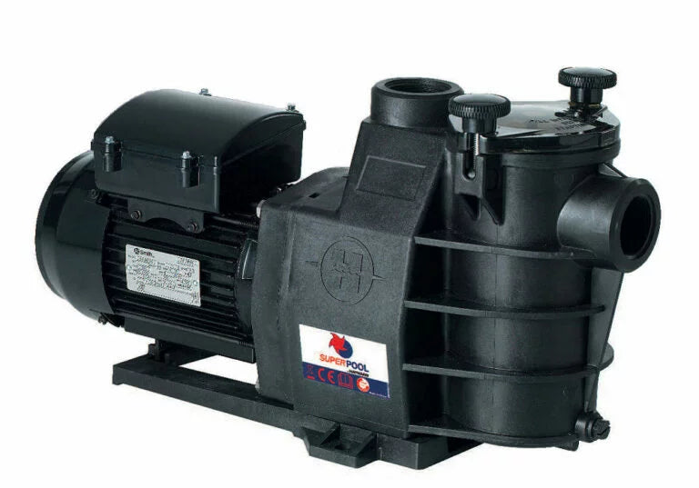 Black plastic superpool pool pump with a motor and multiple ports.