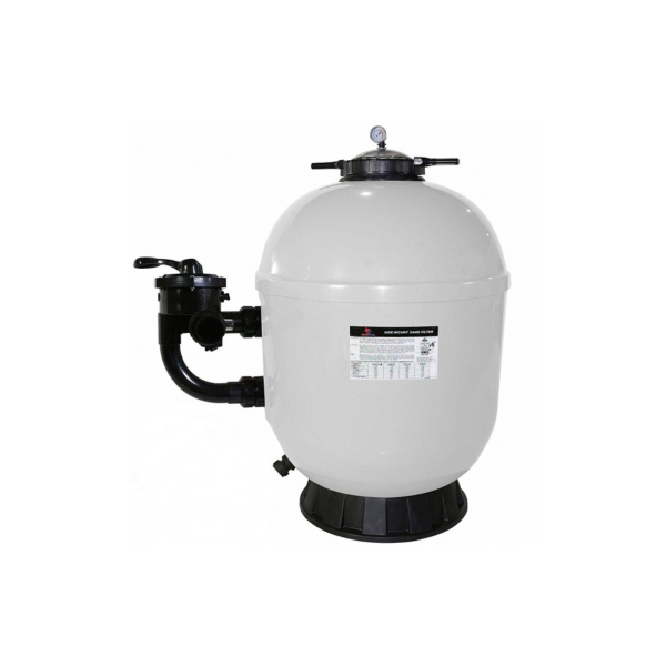 White cylindrical pool filter with black fittings and a pressure gauge on top.